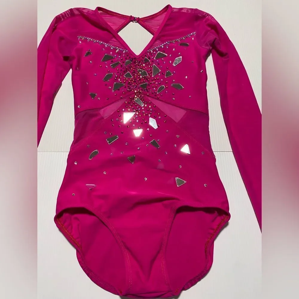 Competition Custom contemporary solo dance costume pink illusion long sleeve XSA